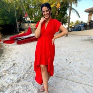 Women’s Flying Tomato Red Hi Low Deep V Neck Short Sleeve Dress